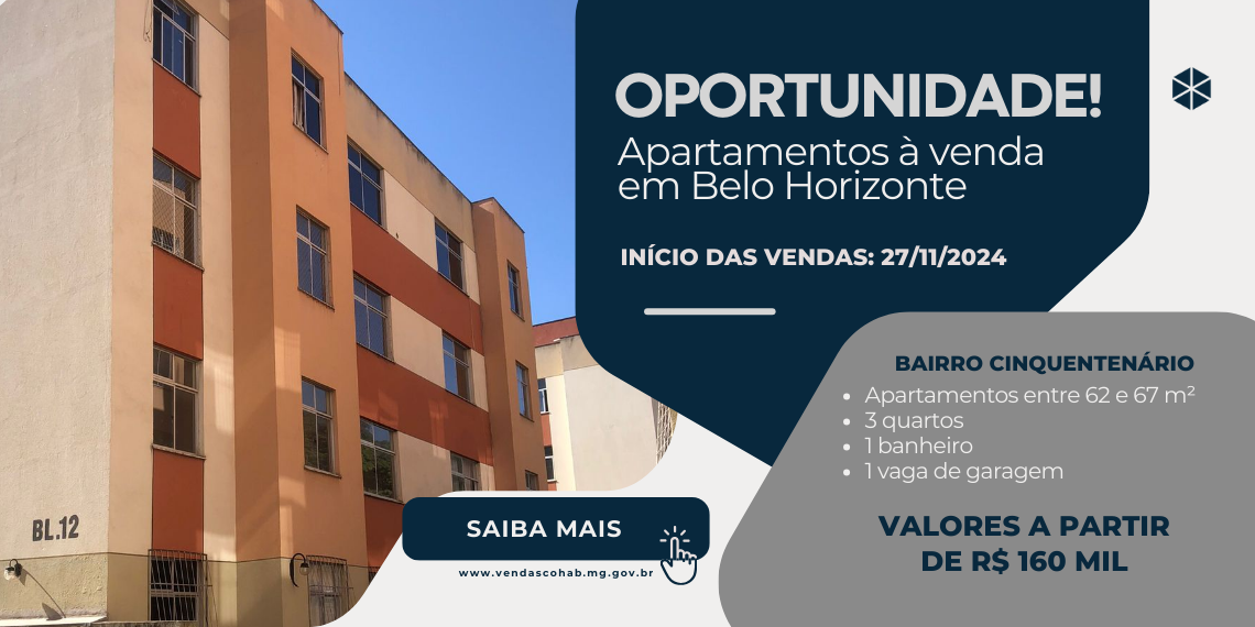 Cohab Minas oferece apartamentos em Belo Horizonte com valores a partir de R$ 160 mil